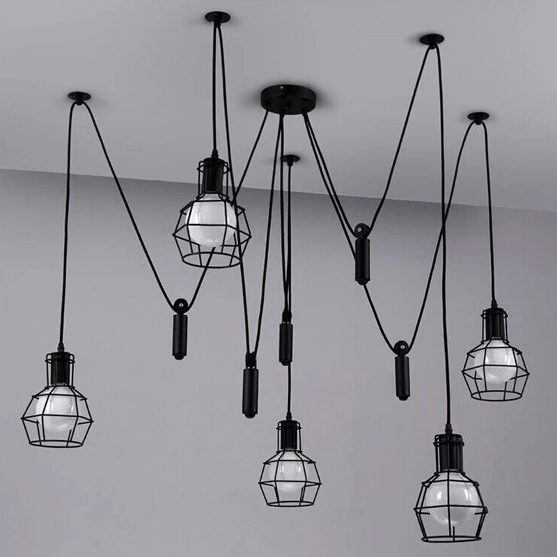 Caged Metal Pendant Lighting Industrial-Style Bedroom Hanging Pendant Light in Black