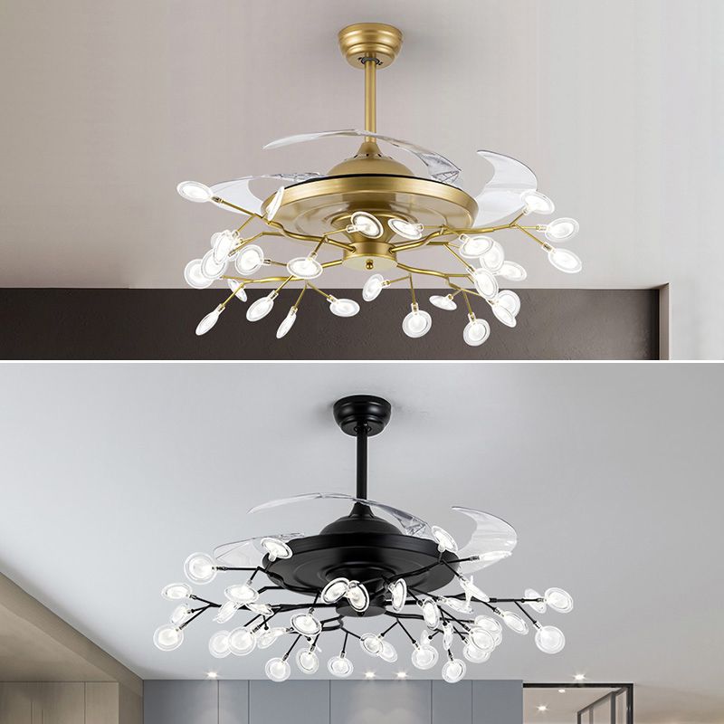 Remote Control Firefly Semi Flush Chandelier Postmodern Metal Dining Room Ceiling Fan Light, 42" W