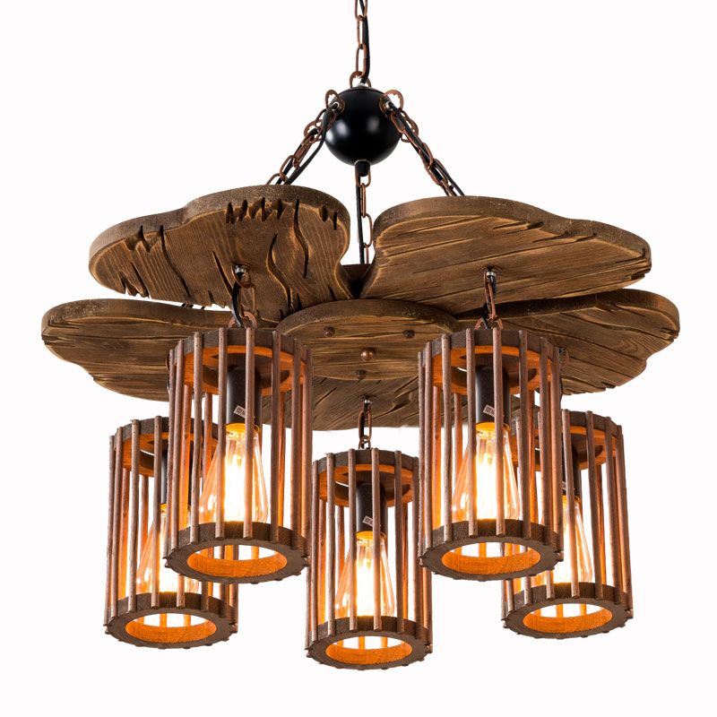 Cage Style Living Room Chandelier Industrial Wooden Brown and Black Suspension Light Fixture