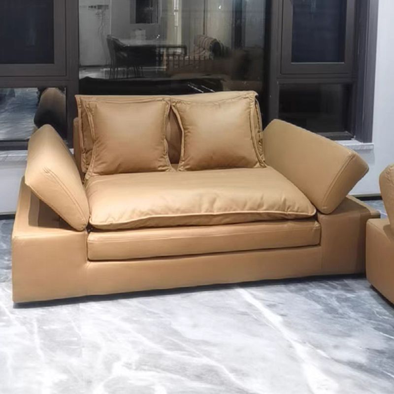 Modern Faux Leather Sectional Tan Cushion Back Sofa for Living Room