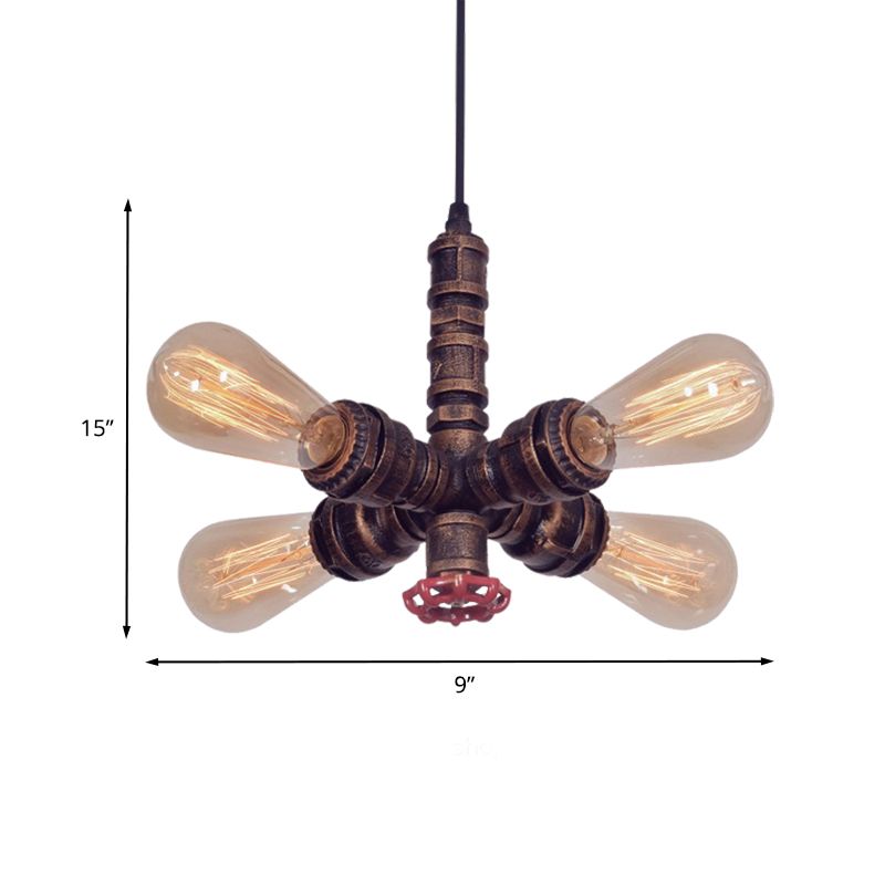 Copper Radial Pipe Hanging Lighting Industrial Iron 4 Bulbs Living Room Chandelier Pendant Lamp with Valve Deco