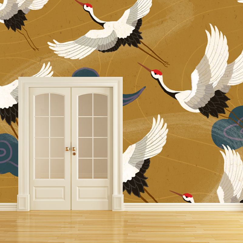 Oriental Flying Cranes Wall Mural in White on Yellow Waterproofing Wall Covering for Home