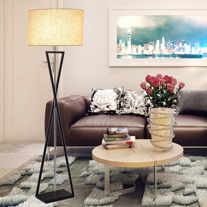 Simplicity Drum Shaped Floor Lighting Fabric Single Living Room Standing Floor Lamp with Hourglass Shaped Base