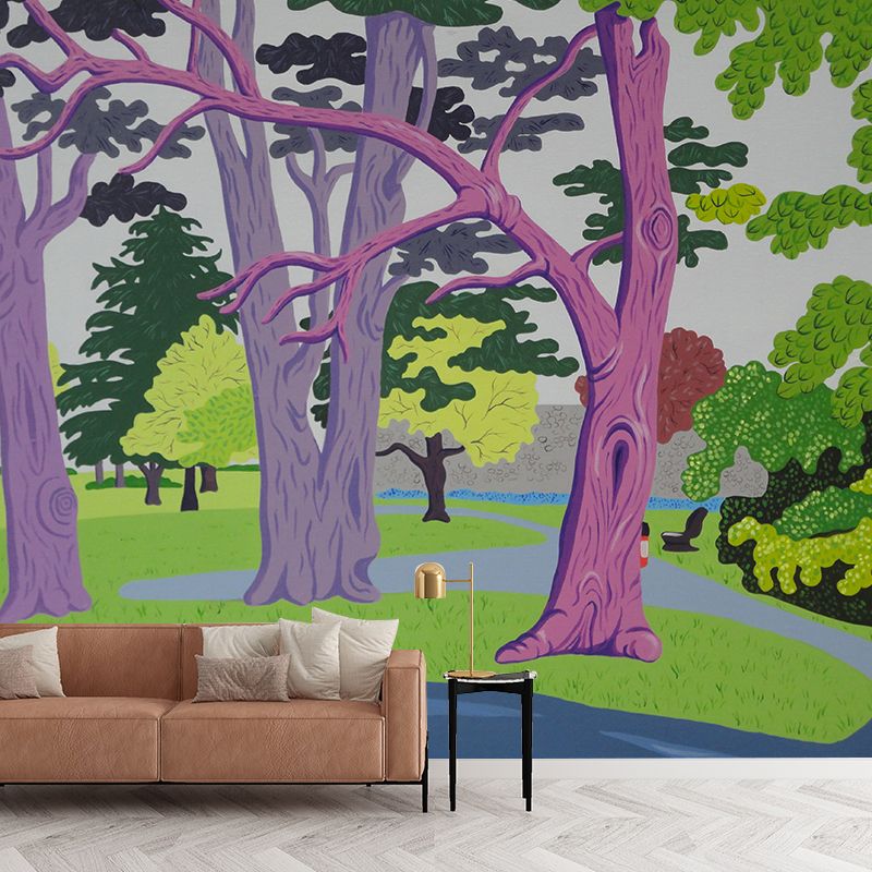 Artistic Park Scenery Wall Mural in Purple-Green Bedroom Wall Decor, Customized Size