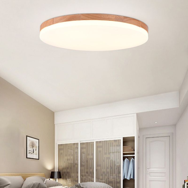 Wood Round Shape Flush Mount Light Modern 1-Light Flush Mount Ceiling Light in Brown