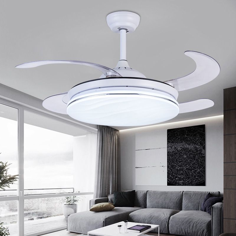 Acryl Witte hanger ventilatorlampring 36 "W LED Minimalistische semi -spoelplafondlamp voor slaapkamer met 4 messen, externe/wandregeling/afstandsbediening en wandregeling