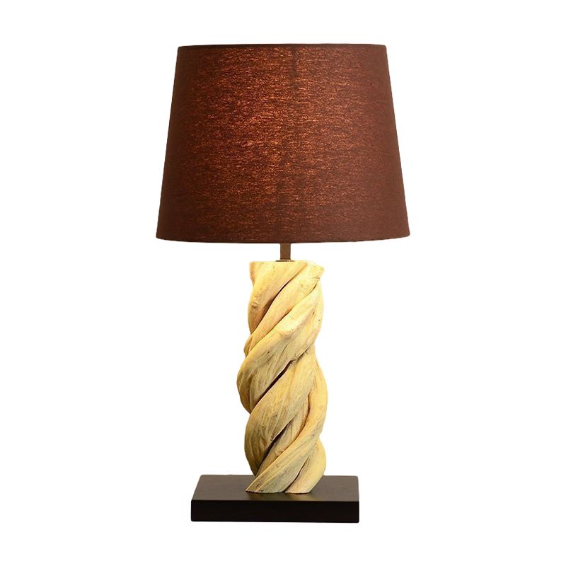 Barrel Night Table Light Art Deco Fabric 1 Head Brown Night Lamp with Spiral Wood Bar Base