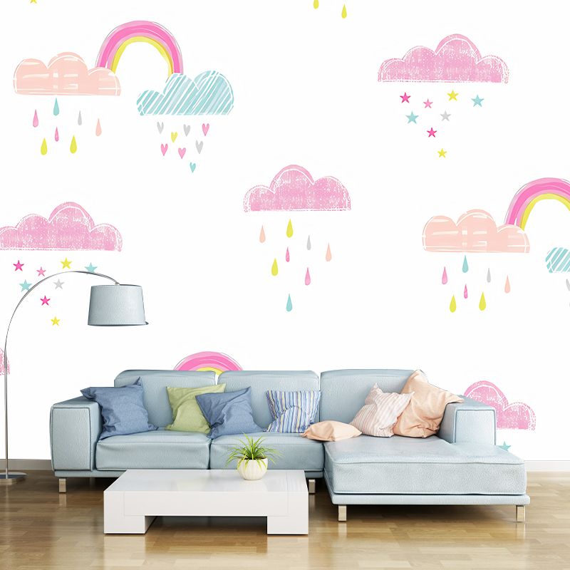 Simplicity Rain and Cloud Mural for Kid's Bedroom, Custom-Made Wall Decor in Pastel Color