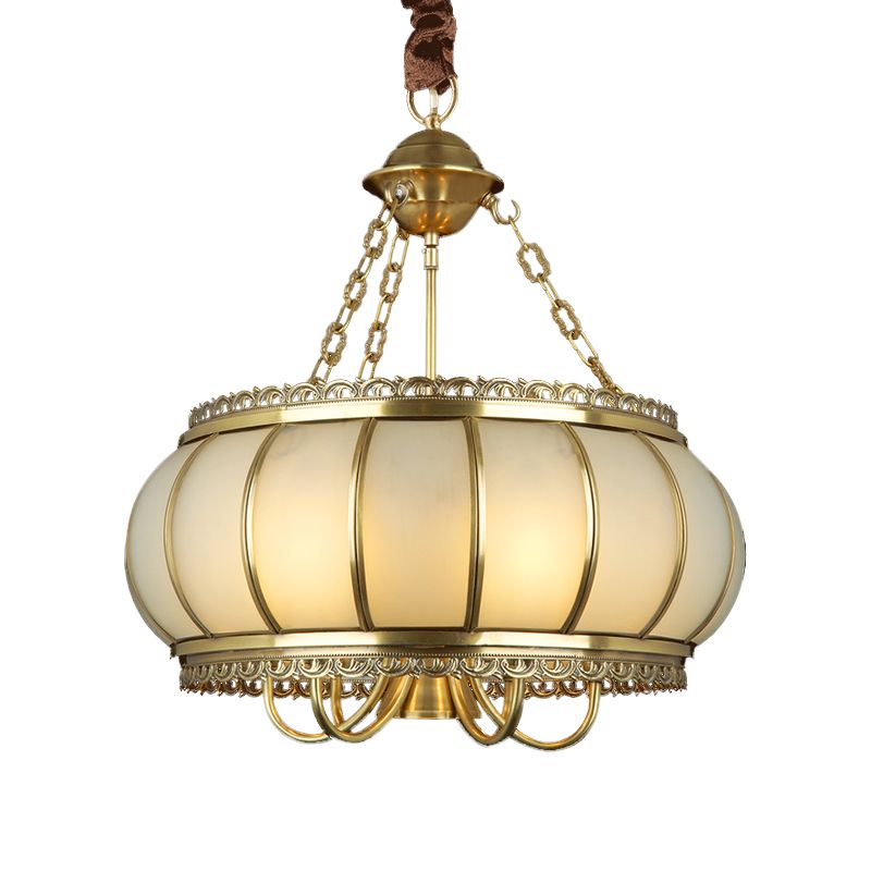 Drum Living Room Pendant Chandelier Colonial Opal Blown Glass 4 Heads Brass Hanging Ceiling Light