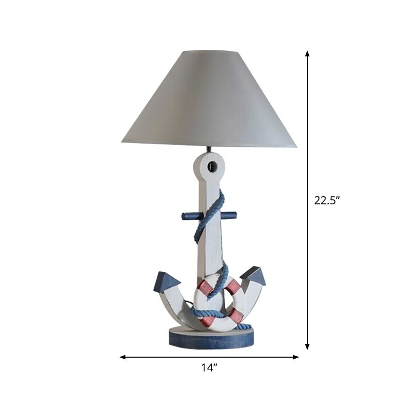 Conical Fabric Task Lighting Kids Single Blub White Desk Lamp with Anchor Wooden Base