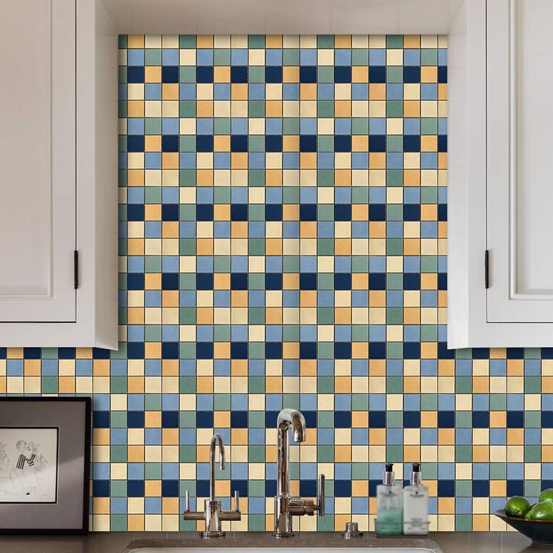 Faux Mosaic Tiles Wallpaper Panels Blue Bohemian Wall Art for Restroom, Self Adhesive