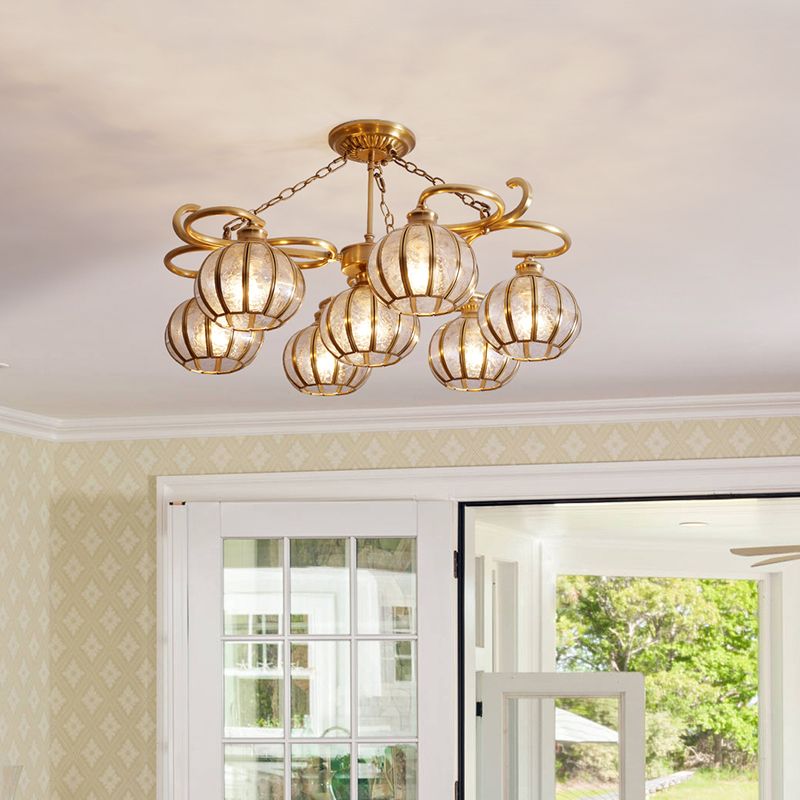 7 Heads Globe Semi Flush Light Traditional Gold Frosted Glass Ceiling Mounted Lamp