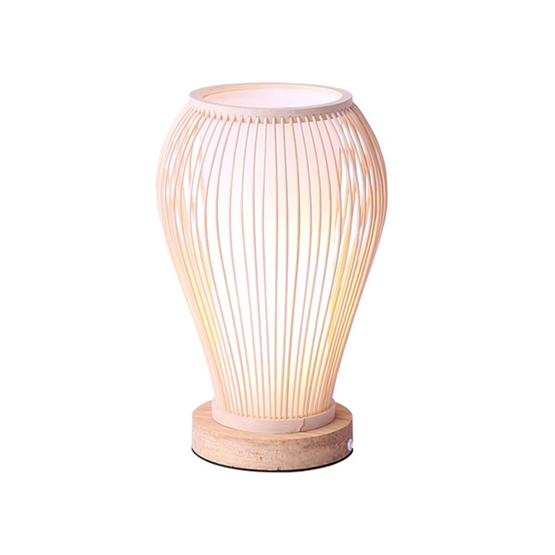 Urn Table Lamp Asian Style Bamboo Single Bulb White Desk Light with Inner Cylinder Shade