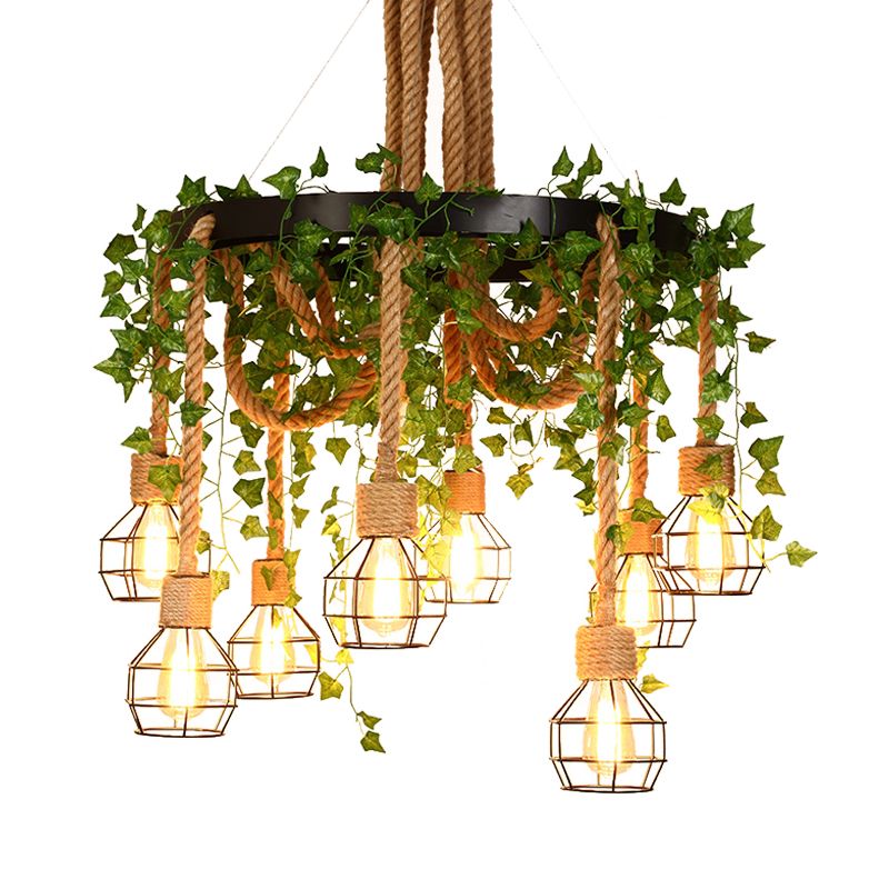 Exposed Bulb Restaurant Cluster Pendant Industrial Hemp Rope 8 Bulbs Pink/Green LED Drop Lamp with Flower/Plant