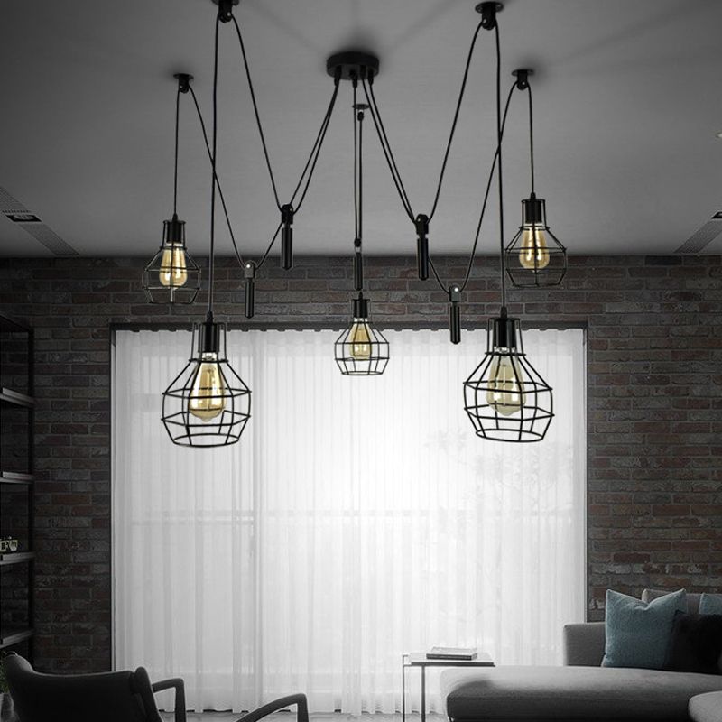 Ball-Shape Restaurant Multi Ceiling Light Rustic Iron 5-Light Black Pulley Swag Pendant