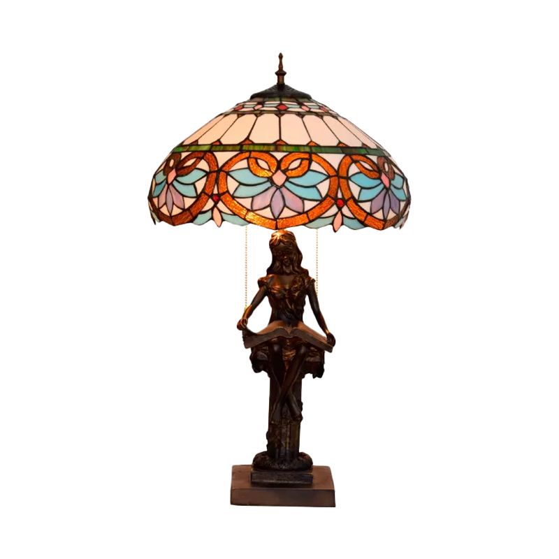 Tiffany-Style Girl Studying Table Light 2 Bulbs Resin Pull-Chain Night Lamp with Grain/Grid/Floral Beige/Blue-White/Blue-Brown Glass Shade