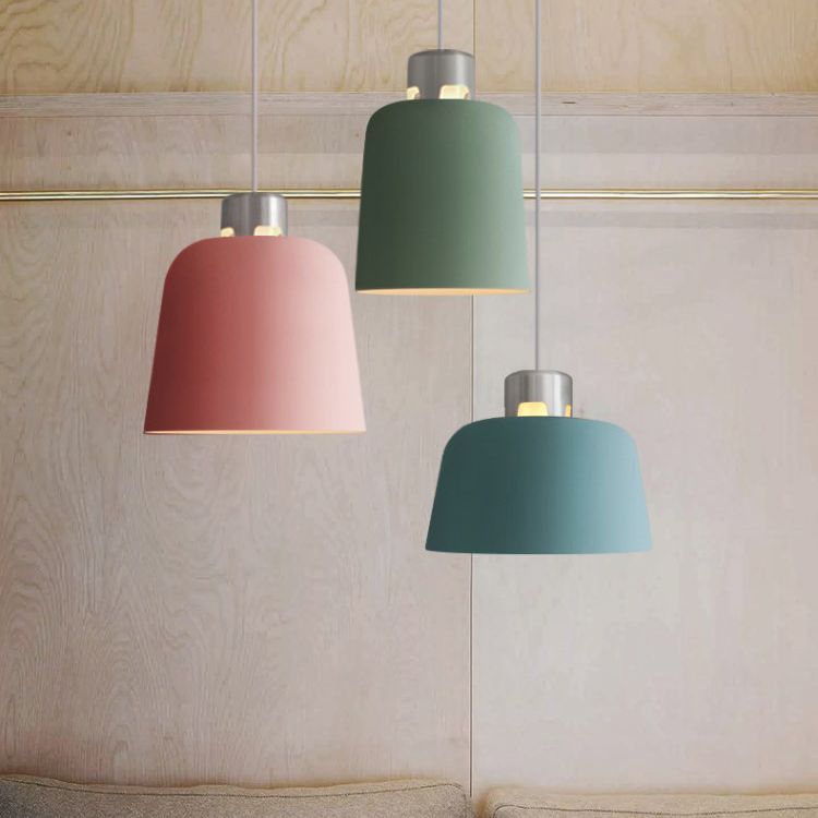 Metal Bucket Shade Hanging Light Single Light Nordic Pendant Lighting in Blue/Green/Pink for Restaurant Dining Room