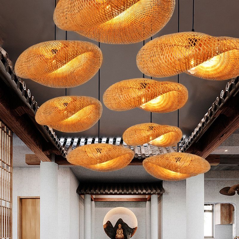 Bamboo Hat-Shaped Pendant Lighting Fixture Asia Style Ceiling Pendant Light in Beige