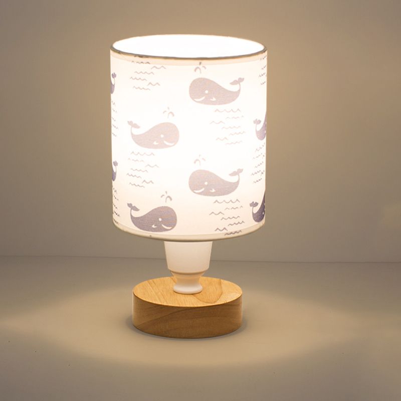 Fabric Cylinder Desk Light Modern 1-Bulb Reading Lamp with Tree/Fish/Cactus Deco and Wooden Base in White