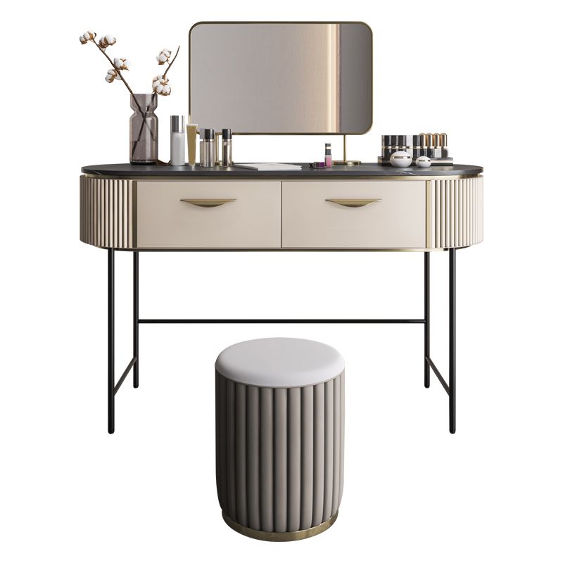 Contemporary Vanity Set, 2 Storage Drawers With Mirror & Padded Stool