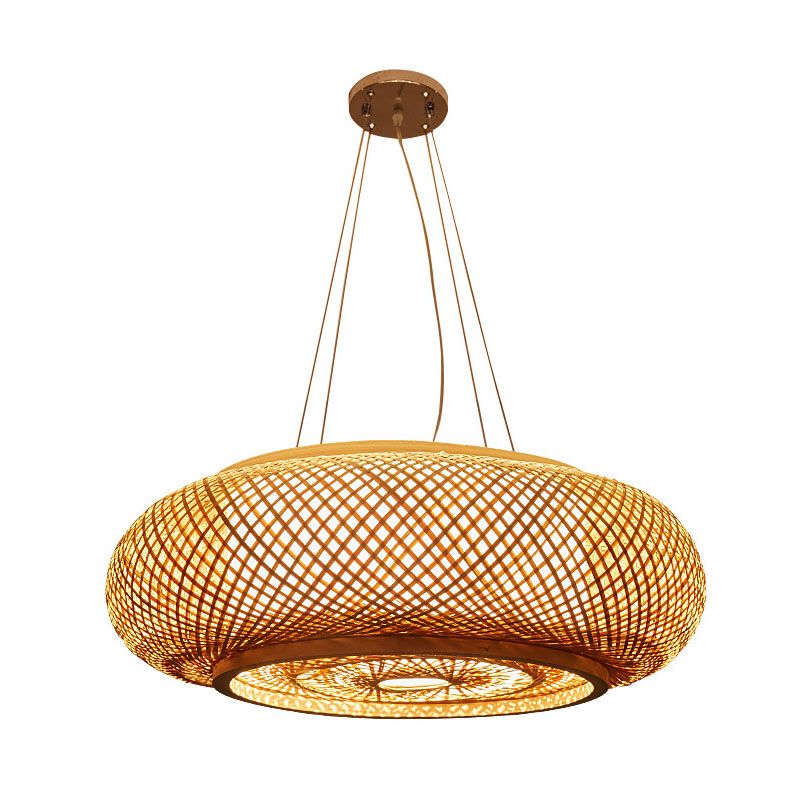 Bamboo Weaving Round Hanging Lamp Chinese Wooden Suspension Lighting Fixture for Bedroom