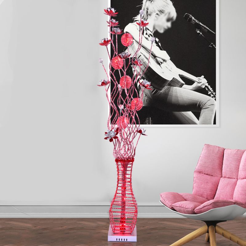 Aluminum Tree Branch Stand Up Light Decorative Bedside LED Bloom Floor Lamp with Vase Pedestal in Black and Silver/Red