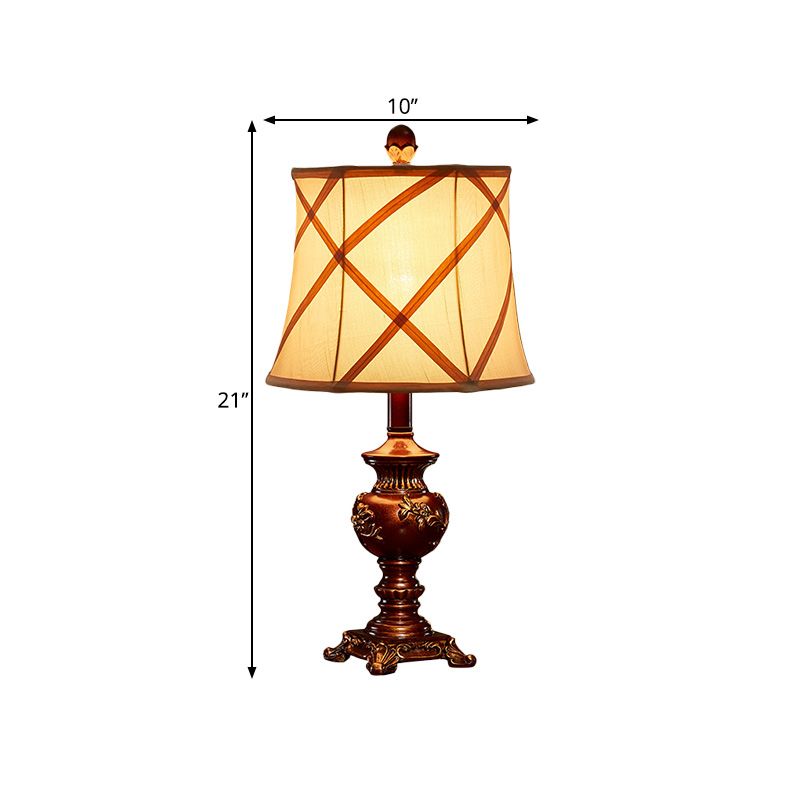 Brown Urn Base Desk Light Vintage Style Resin 1 Head Table Lamp with Fabric Shade