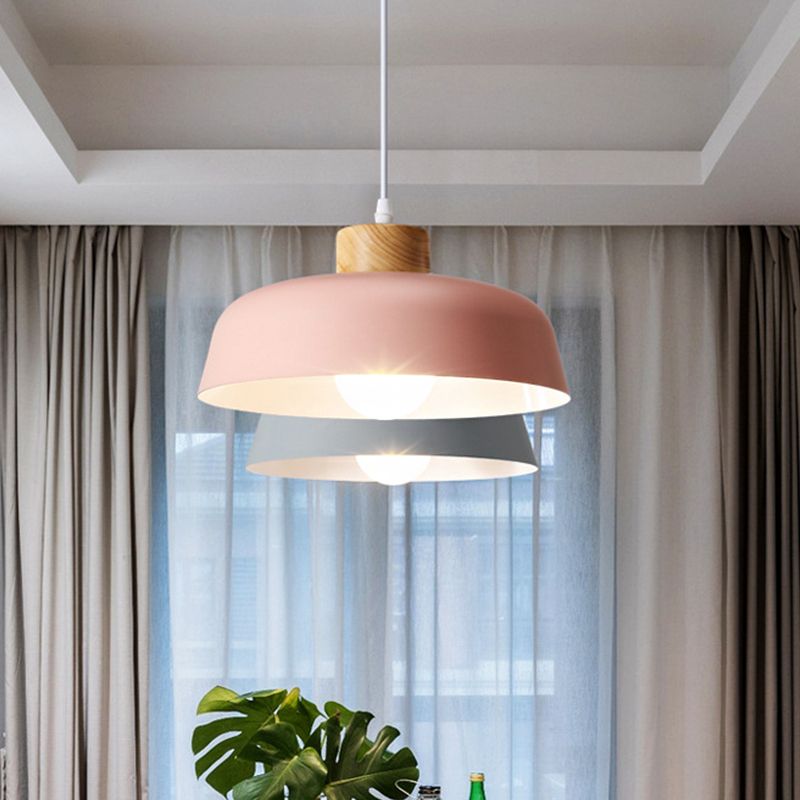 Bowl Shade Restaurant Pendant Lamp Metallic 1 Bulb Macaron Hanging Light in Pink/Blue/Yellow with Wood Knob