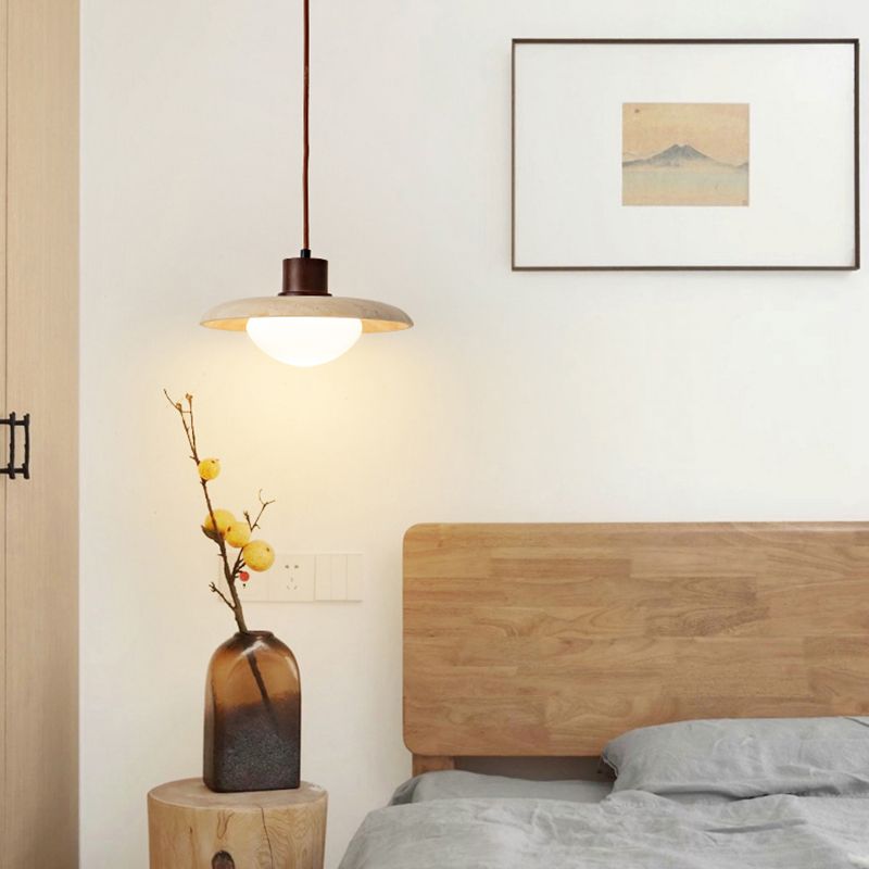 Modern Stone Hanging Lamp 1-Light Pendant Lamp with Wood for Bedroom