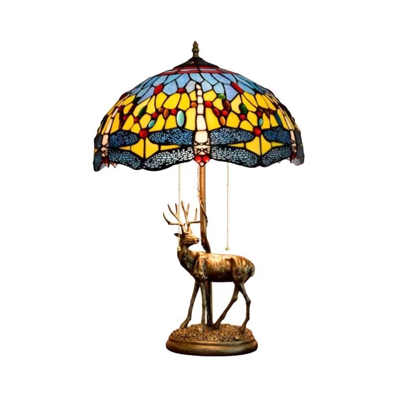 Dragonfly Stained Glass Night Light Mediterranean 2-Bulb Yellow/Orange/Green Table Lamp with Pull Chain and Elk Decor