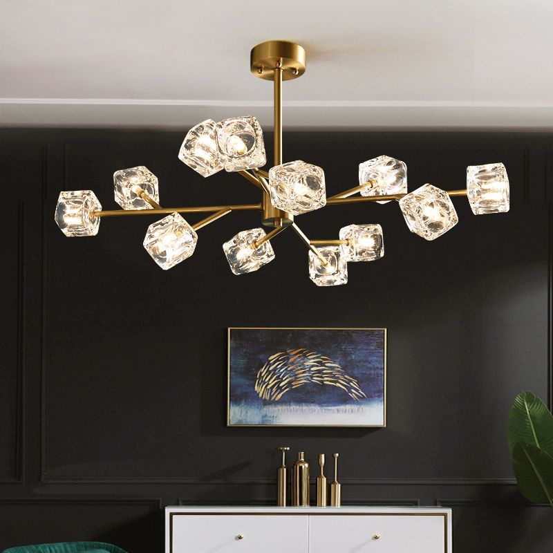 Crystal Cube Pendant Lighting Minimalist Gold Finish Chandelier with Branch Design