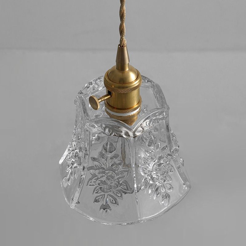 1-Bulb Carved Glass Pendant Vintage Brass Scalloped Bedside Pendulum Light with Rotary Switch