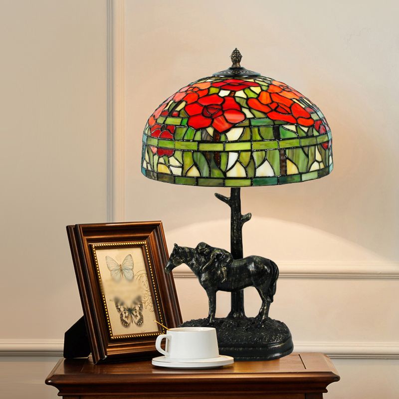 1 Head Table Light Antique Horse Resin Nightstand Lamp with Domed Cut Glass Shade in Bronze