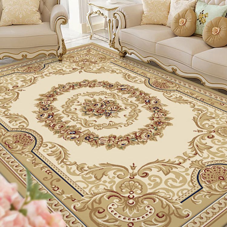 Tone jaune Floral Print Rug Polyester Traditional Anti-Slip Backing Indoor tapis pour le salon
