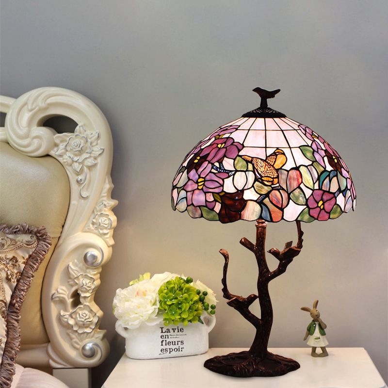 1 Bulb Bedroom Night Lamp Tiffany Coffee Flower Patterned Table Lighting with Bowl Hand Cut Glass Shade