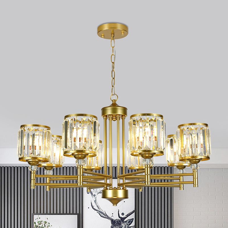 Metal Frame Parlour Pendant Light Modern Crystal Drum Shade 8 Heads Black/Gold Chandelier Lamp