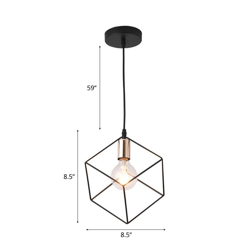 1 Light Squared Cage Ceiling Lighting Retro Style Black Finish Metal Hanging Light Fixture for Living Room