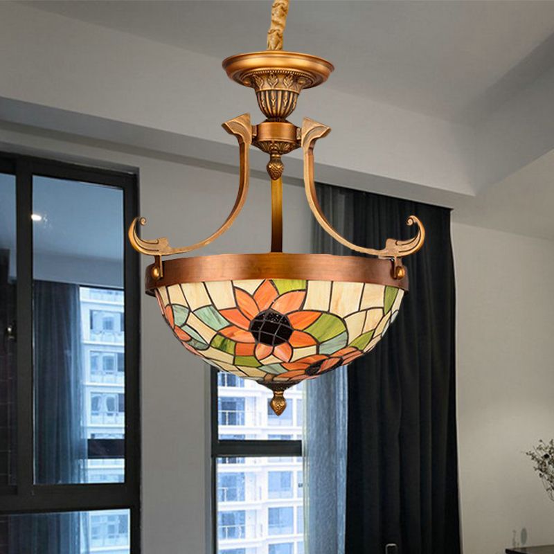 16"/18" W Flower/Leaf Chandelier Light Fixture 3 Lights Stained Glass Victorian Hanging Lamp Kit in White for Corridor