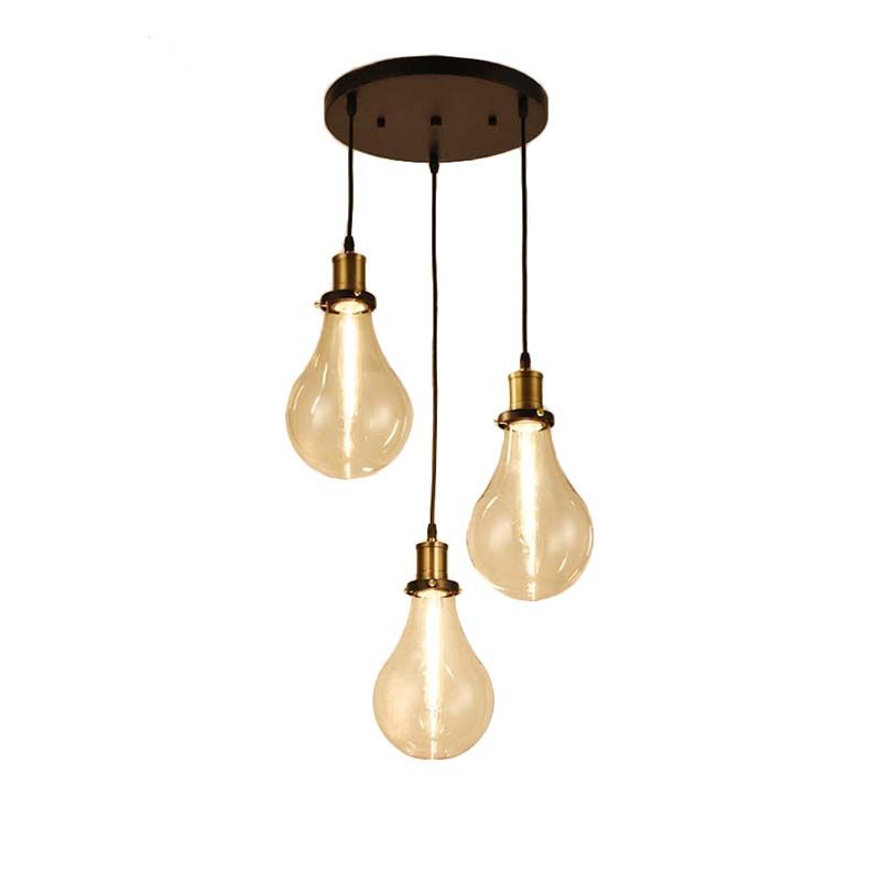 3 Lights Bare Bulb Multi Ceiling Light Industrial Brass Clear Glass Pendant Lighting, Round Canopy