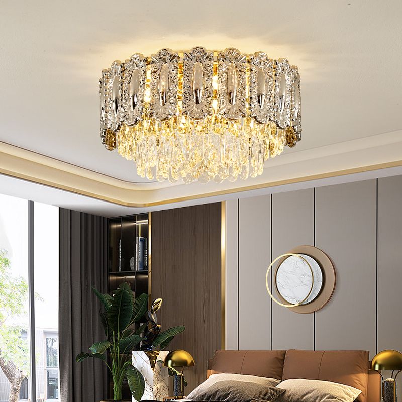 Iron and Crystal Drum Ceiling Flush in Gold Contemporary Flush Mount