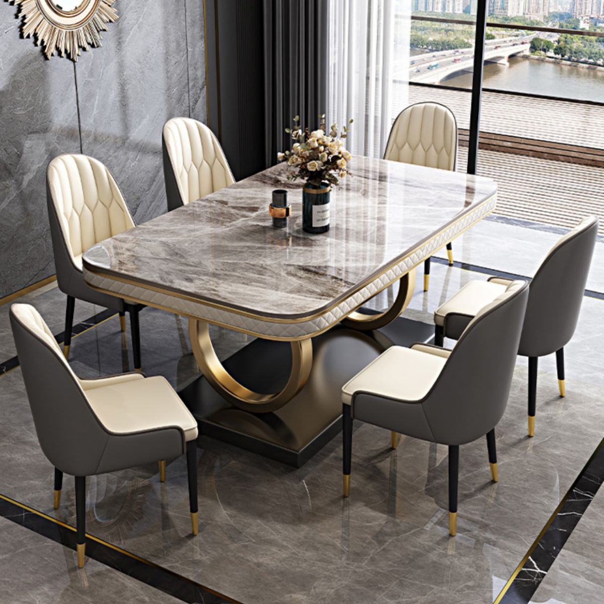 Rectangle Table Traditional Luxury Dinner Room Furniture with Metal Base