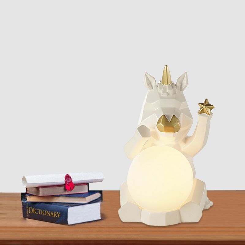 Cartoon Dog/Rabbit/Unicorn Night Light Resin LED Bedroom Table Lamp in Pink/Black/Grey with Globe Opal Glass Shade