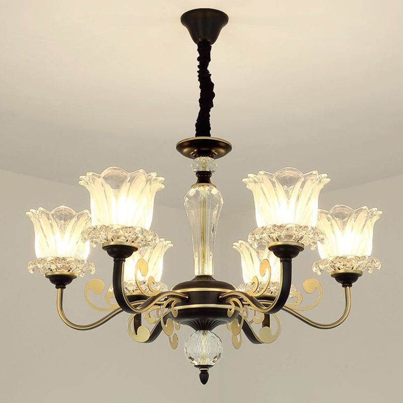 Contemporary Blossom Suspension Lamp Cut Crystal 6/8-Light Sitting Room Hanging Chandelier in Black