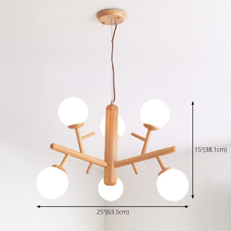 Wooden Tree Branch Chandelier Nordic Hanging Lamp with Ball Opaline Glass Shade