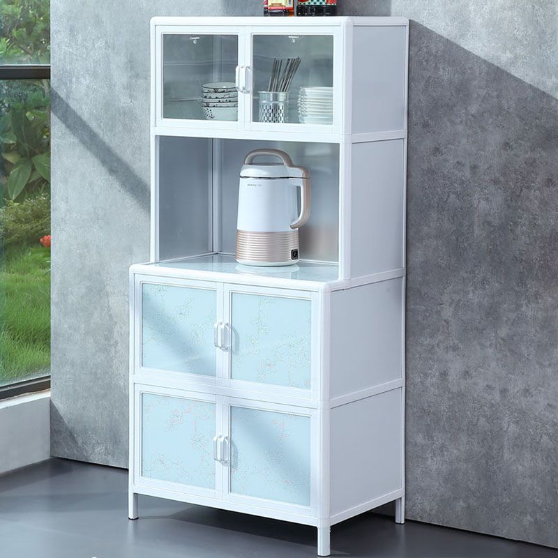 Kitchen White Metal Buffet/Console Glass Doors Cabinet Open Storage Buffet