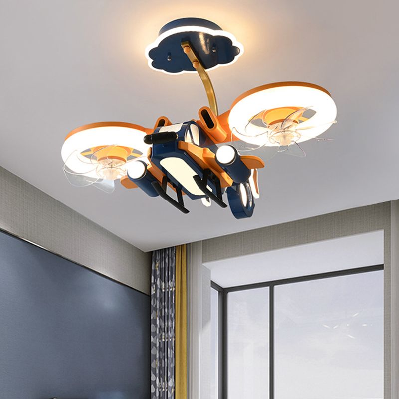 Kids LED Ceiling Fan Lamp Airplane Metal Fan Lighting in Blue and Orange for Bedroom