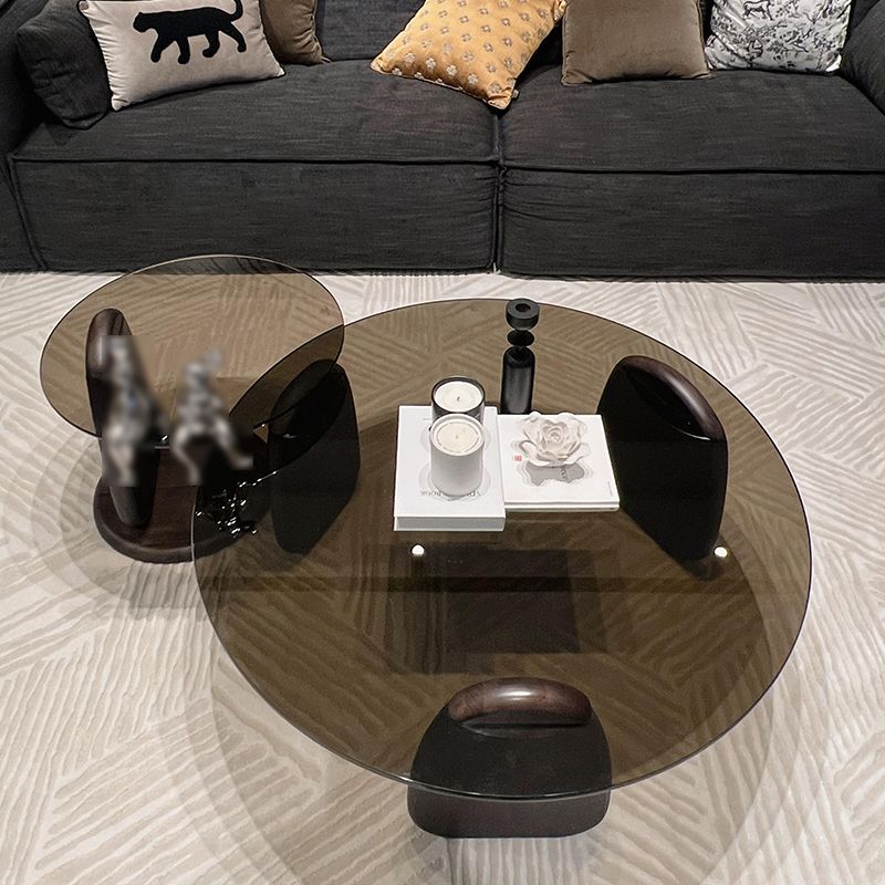 2-Piece Round Coffee Table Modern Glass Espresso Wood Nesting Coffee Table Set