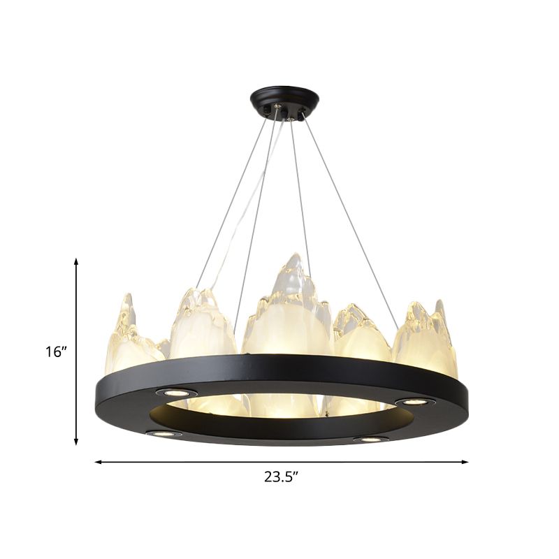 Modernism Ring Pendant Lighting Crystal Block LED Hanging Chandelier in Black for Living Room