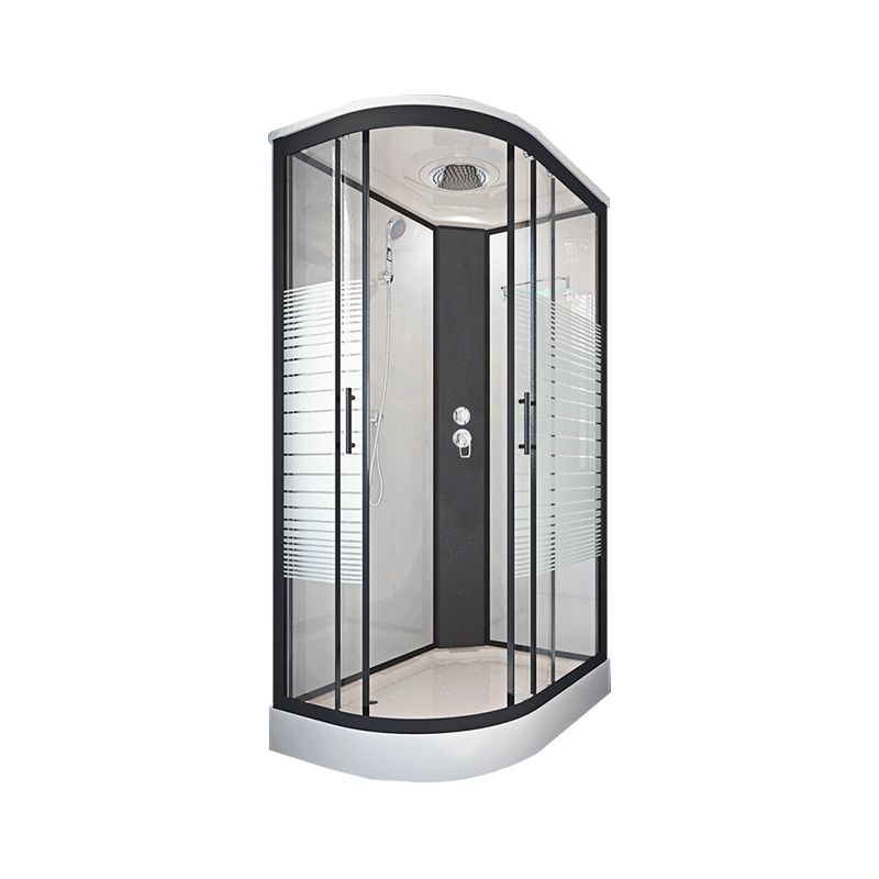 Striped Tempered Glass Shower Stall Black Double Sliding Door Shower Room