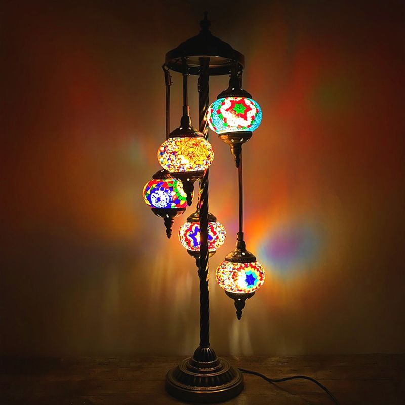 5 Heads Stained Art Glass Floor Light Traditional Beige/Red/Yellow Elliptical Bedroom Standing Lamp